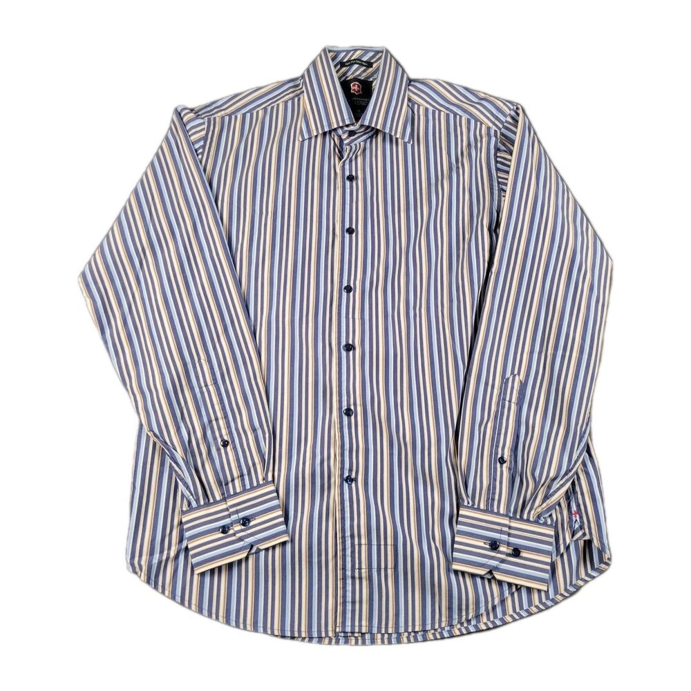 VICTORINOX Shirt Mens Medium Button Up Striped Long Sleeve Blue